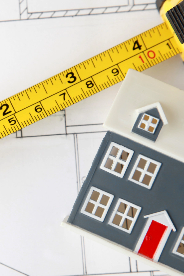 building papers with a yellow flexometer and a grey house small figure